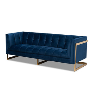 PREMIER STUDIO AMBRA GLAM AND LUXE NAVY BLUE VELVET FABRIC UPHOLSTERED AND BUTTON TUFTED GOLD SOFA WITH GOLD-TONE FRAME