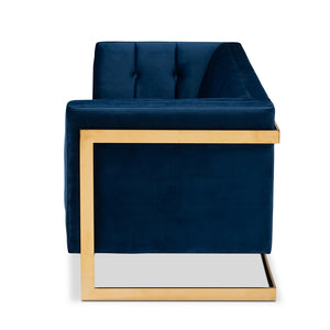 PREMIER STUDIO AMBRA GLAM AND LUXE NAVY BLUE VELVET FABRIC UPHOLSTERED AND BUTTON TUFTED GOLD SOFA WITH GOLD-TONE FRAME