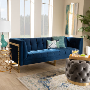 PREMIER STUDIO AMBRA GLAM AND LUXE NAVY BLUE VELVET FABRIC UPHOLSTERED AND BUTTON TUFTED GOLD SOFA WITH GOLD-TONE FRAME