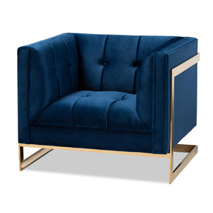 PREMIER STUDIO AMBRA GLAM AND LUXE NAVY BLUE VELVET FABRIC UPHOLSTERED AND BUTTON TUFTED ARMCHAIR WITH GOLD-TONE FRAME