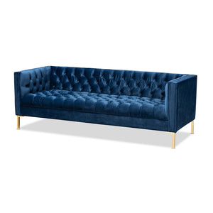 PREMIER STUDIO ZANETTA GLAM AND LUXE NAVY VELVET UPHOLSTERED GOLD FINISHED SOFA