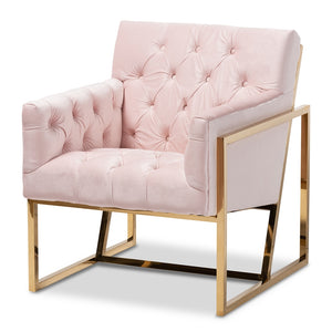 PREMIER STUDIO MILANO MODERN AND CONTEMPORARY PINK VELVET FABRIC UPHOLSTERED GOLD FINISHED LOUNGE CHAIR