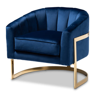 PREMIER STUDIO TOMASSO GLAM ROYAL BLUE VELVET FABRIC UPHOLSTERED GOLD-FINISHED LOUNGE CHAIR