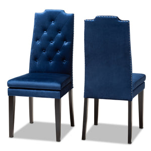 PREMIER STUDIO DYLIN MODERN AND CONTEMPORARY NAVY BLUE VELVET FABRIC UPHOLSTERED BUTTON TUFTED WOOD DINING CHAIR SET OF 2