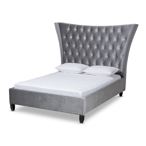 PREMIER STUDIO VIOLA GLAM AND LUXE GREY VELVET FABRIC UPHOLSTERED AND BUTTON TUFTED QUEEN SIZE PLATFORM BED WITH TALL WINGBACK HEADBOARD