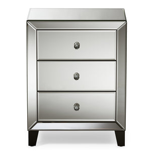 PREMIER STUDIO CHEVRON MODERN FURNITURE AND CONTEMPORARY HOLLYWOOD REGENCY GLAMOUR STYLE MIRROR 3-DRAWERS NIGHTSTAND BEDSIDE TABLE