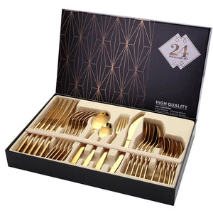 Elegant and Sophisticated 24PCS Gold Cutlery Dinner Set Cutlery Set Dishes Knives Forks Spoons  Kitchen Dinnerware Stainless Steel Tableware Set
