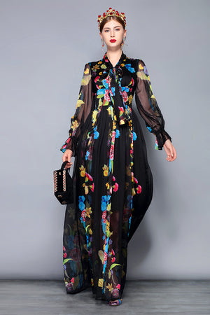 Stunning Beautiful Runway Floral Maxi Dress Plus size Women's Long Sleeve Bow Collar Vintage Floral Print Chiffon Party Holiday Long Dress