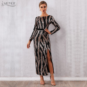 Gorgeous Slimming Sequin Celebrity Evening Runway Party Dress Women Vestidos Sexy Backless Maxi Long Sleeve Night Club Dress