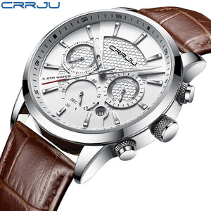 Mens FINE Fashion Watch Analog Quartz Wristwatch Waterproof Chronograph Sport Date Leather Band Watches montre homme
