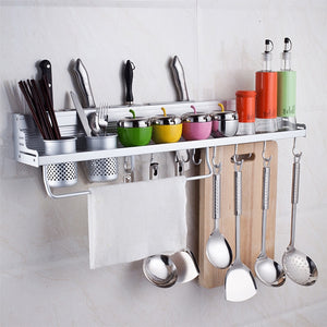 Space Saving Wall Mounted Rack Multifunctional Kitchen Bookshelf Storage Rack with Bottle Rack Silverware Caddy Cutlery