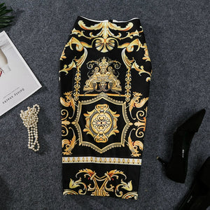 European Chic Women Print Pencil Skirt High Stretch Abstract Pattern