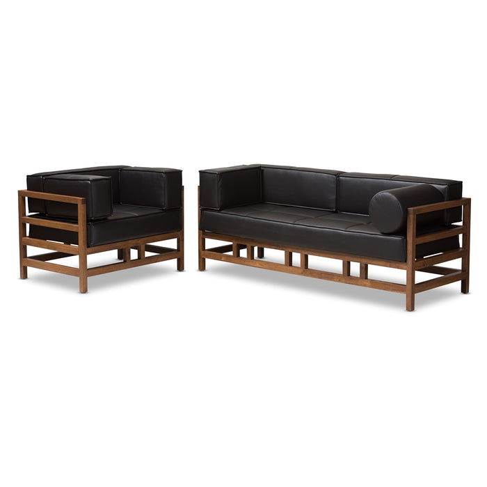 PREMIER STUDIO SHAW MID-CENTURY MODERN PINE BLACK FAUX LEATHER WALNUT WOOD 2-PIECE LIVING ROOM SOFA SET