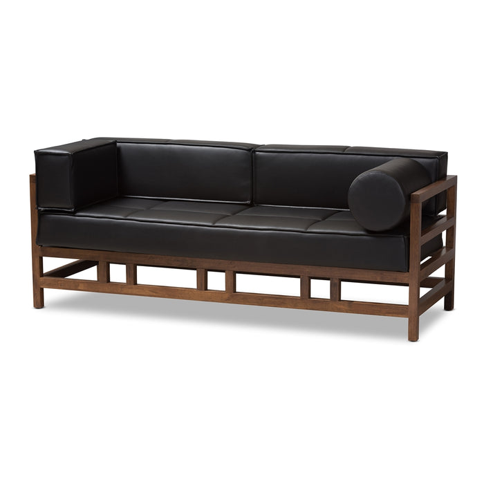 PREMIER STUDIO SHAW MID-CENTURY MODERN PINE BLACK FAUX LEATHER WALNUT WOOD 2-SEATER SOFA