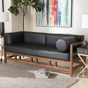 PREMIER STUDIO SHAW MID-CENTURY MODERN PINE BLACK FAUX LEATHER WALNUT WOOD 2-SEATER SOFA