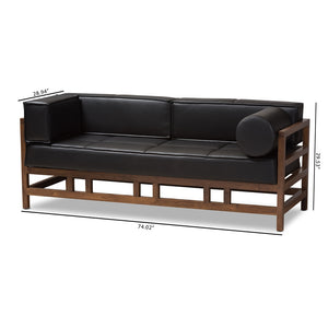 PREMIER STUDIO SHAW MID-CENTURY MODERN PINE BLACK FAUX LEATHER WALNUT WOOD 2-SEATER SOFA