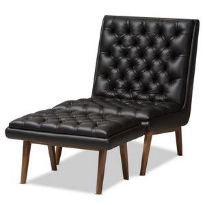 PREMIER STUDIO ANNETHA MID-CENTURY MODERN BLACK FAUX LEATHER UPHOLSTERED WALNUT FINISHED WOOD CHAIR AND OTTOMAN SET