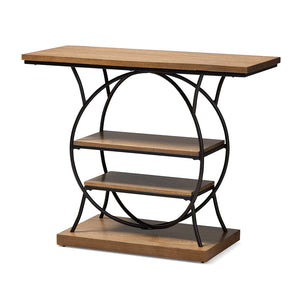 PREMIER STUDIO LAVELLE DECO MODERN FURNITURE WALNUT BROWN WOOD AND DARK BRONZE-FINISHED METAL CIRCULAR CONSOLE TABLE