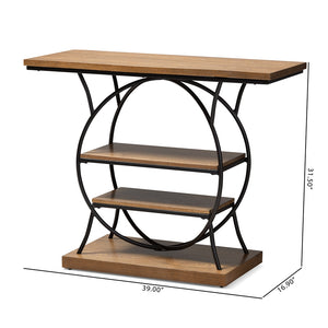 PREMIER STUDIO LAVELLE DECO MODERN FURNITURE WALNUT BROWN WOOD AND DARK BRONZE-FINISHED METAL CIRCULAR CONSOLE TABLE