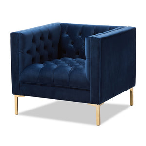 PREMIER STUDIO ZANETTA LUXE AND GLAMOUR NAVY VELVET UPHOLSTERED GOLD FINISHED LOUNGE CHAIR
