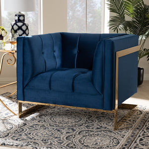 PREMIER STUDIO AMBRA GLAM AND LUXE NAVY BLUE VELVET FABRIC UPHOLSTERED AND BUTTON TUFTED ARMCHAIR WITH GOLD-TONE FRAME
