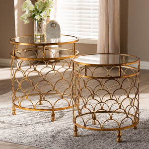 PREMIER STUDIO ALIYA MODERN AND CONTEMPORARY ANTIQUE GOLD FINISHED METAL AND GLASS 2-PIECE STACKABLE ACCENT TABLE SET