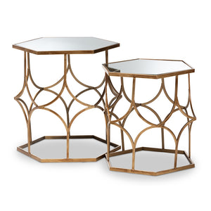 PREMIER STUDIO SADA MODERN FURNITURE AND CONTEMPORARY ANTIQUE GOLD FINISHED METAL AND GLASS 2-PIECE STACKABLE ACCENT TABLE SET