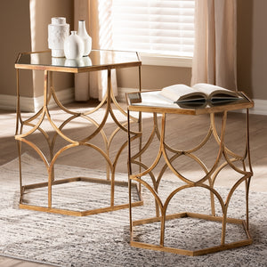 PREMIER STUDIO SADA MODERN FURNITURE AND CONTEMPORARY ANTIQUE GOLD FINISHED METAL AND GLASS 2-PIECE STACKABLE ACCENT TABLE SET