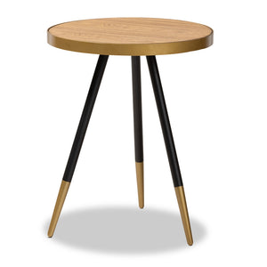 PREMIER STUDIO LAURO MODERN AND CONTEMPORARY ROUND WALNUT WOOD AND METAL END TABLE WITH TWO-TONE BLACK AND GOLD LEGS