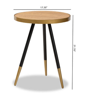 PREMIER STUDIO LAURO MODERN AND CONTEMPORARY ROUND WALNUT WOOD AND METAL END TABLE WITH TWO-TONE BLACK AND GOLD LEGS