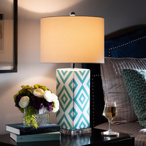 PREMIER STUDIO ROWEN MODERN AND CONTEMPORARY TURQUOISE AND WHITE DIAMOND PATTERNED CERAMIC TABLE LAMP