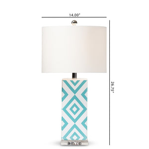 PREMIER STUDIO ROWEN MODERN AND CONTEMPORARY TURQUOISE AND WHITE DIAMOND PATTERNED CERAMIC TABLE LAMP