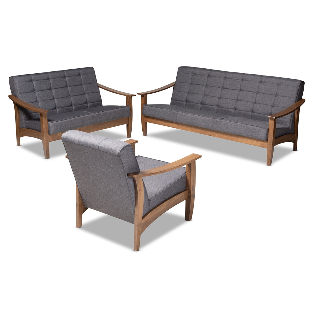 PREMIER STUDIO LARSEN MID-CENTURY MODERN GRAY FABRIC UPHOLSTERED WALNUT WOOD 3-PIECE LIVING ROOM SET