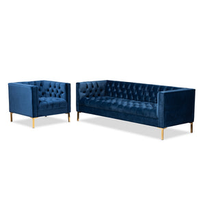 PREMIER STUDIO ZANETTA GLAM AND LUXE NAVY VELVET UPHOLSTERED GOLD FINISHED 2-PIECE SOFA AND LOUNGE CHAIR SET
