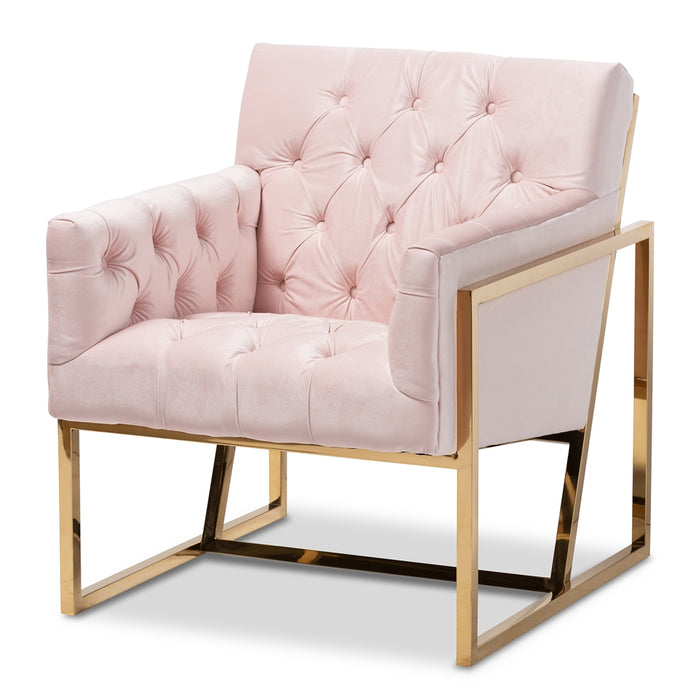 PREMIER STUDIO MILANO MODERN AND CONTEMPORARY PINK VELVET FABRIC UPHOLSTERED GOLD FINISHED LOUNGE CHAIR