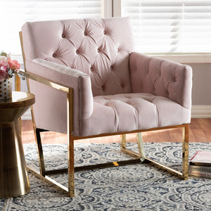 PREMIER STUDIO MILANO MODERN AND CONTEMPORARY PINK VELVET FABRIC UPHOLSTERED GOLD FINISHED LOUNGE CHAIR
