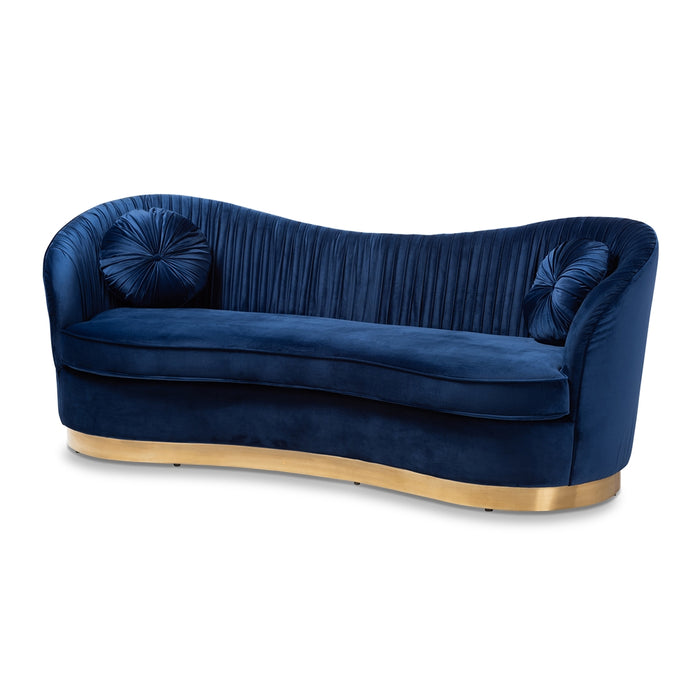 PREMIER STUDIO NEVENA GLAM ROYAL BLUE VELVET FABRIC UPHOLSTERED GOLD-FINISHED SOFA