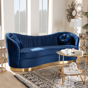 PREMIER STUDIO NEVENA GLAM ROYAL BLUE VELVET FABRIC UPHOLSTERED GOLD-FINISHED SOFA