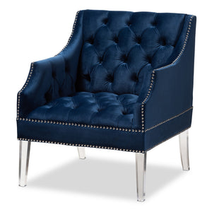 PREMIER STUDIO SILVANA MODERN AND CONTEMPORARY NAVY VELVET FABRIC UPHOLSTERED LOUNGE CHAIR WITH ACRYLIC LEGS