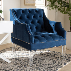PREMIER STUDIO SILVANA MODERN AND CONTEMPORARY NAVY VELVET FABRIC UPHOLSTERED LOUNGE CHAIR WITH ACRYLIC LEGS