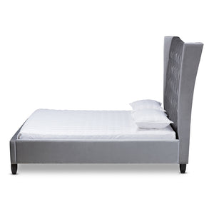 PREMIER STUDIO VIOLA GLAM AND LUXE GREY VELVET FABRIC UPHOLSTERED AND BUTTON TUFTED QUEEN SIZE PLATFORM BED WITH TALL WINGBACK HEADBOARD