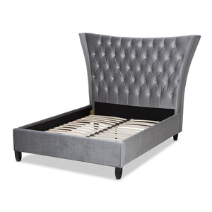 PREMIER STUDIO VIOLA GLAM AND LUXE GREY VELVET FABRIC UPHOLSTERED AND BUTTON TUFTED QUEEN SIZE PLATFORM BED WITH TALL WINGBACK HEADBOARD