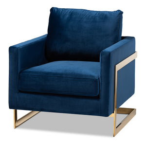 PREMIER STUDIO MATTEO GLAM AND LUXE NAVY BLUE VELVET FABRIC UPHOLSTERED GOLD FINISHED ARMCHAIR