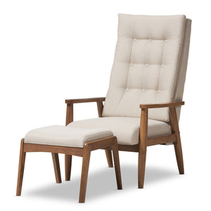 PREMIER STUDIO ROXY MID-CENTURY MODERN WALNUT WOOD FINISHING AND LIGHT BEIGE FABRIC UPHOLSTERED BUTTON-TUFTED HIGH-BACK LOUNGE CHAIR AND OTTOMAN SET