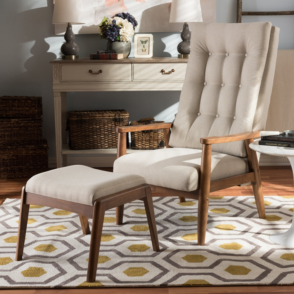 PREMIER STUDIO ROXY MID-CENTURY MODERN WALNUT WOOD FINISHING AND LIGHT BEIGE FABRIC UPHOLSTERED BUTTON-TUFTED HIGH-BACK LOUNGE CHAIR AND OTTOMAN SET