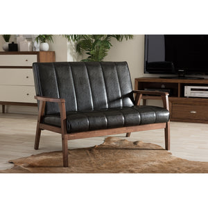 PREMIER STUDIO NIKKO MID-CENTURY MODERN SCANDINAVIAN STYLE FAUX LEATHER WOODEN 2-SEATER LOVESEAT