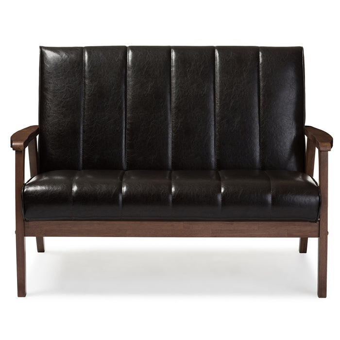 PREMIER STUDIO NIKKO MID-CENTURY MODERN SCANDINAVIAN STYLE FAUX LEATHER WOODEN 2-SEATER LOVESEAT