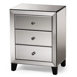 PREMIER STUDIO CHEVRON MODERN FURNITURE AND CONTEMPORARY HOLLYWOOD REGENCY GLAMOUR STYLE MIRROR 3-DRAWERS NIGHTSTAND BEDSIDE TABLE