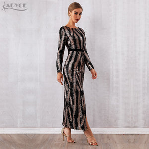 Gorgeous Slimming Sequin Celebrity Evening Runway Party Dress Women Vestidos Sexy Backless Maxi Long Sleeve Night Club Dress