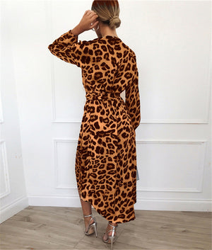 Affordable and Chic Animal Print Leopard Dress Women Chiffon Long Dress Loose Long Sleeve Deep V-neck A-line Sexy Party Dress Vestidos de fiesta